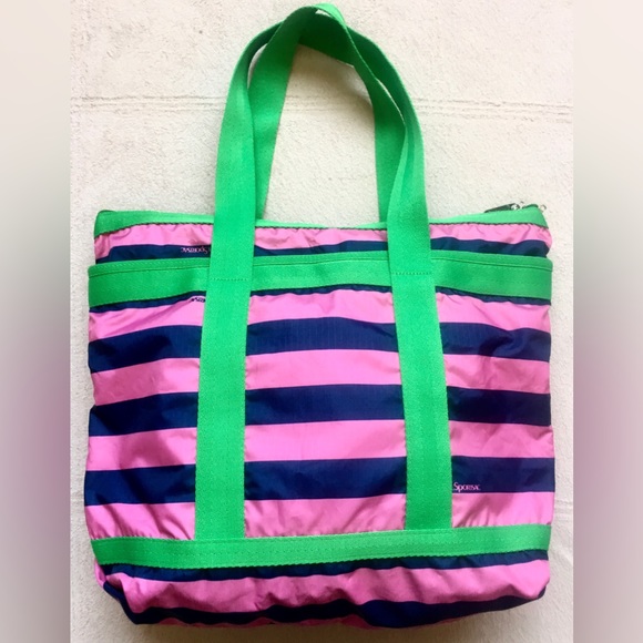 LE SPORT SAC, Green & Pink Horizontal Stripes, Attached Small Make-Up Bag, NEW - Picture 4 of 11